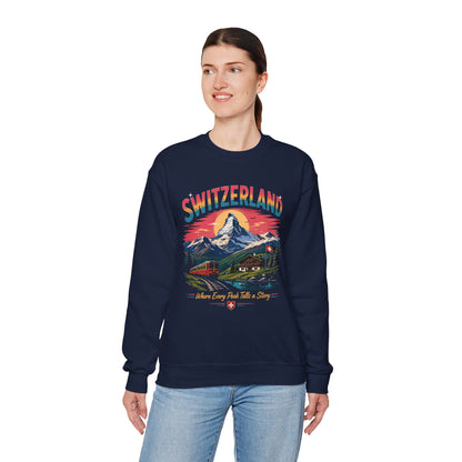 Navy crewneck sweatshirt with Switzerland graphic print on front, worn by model