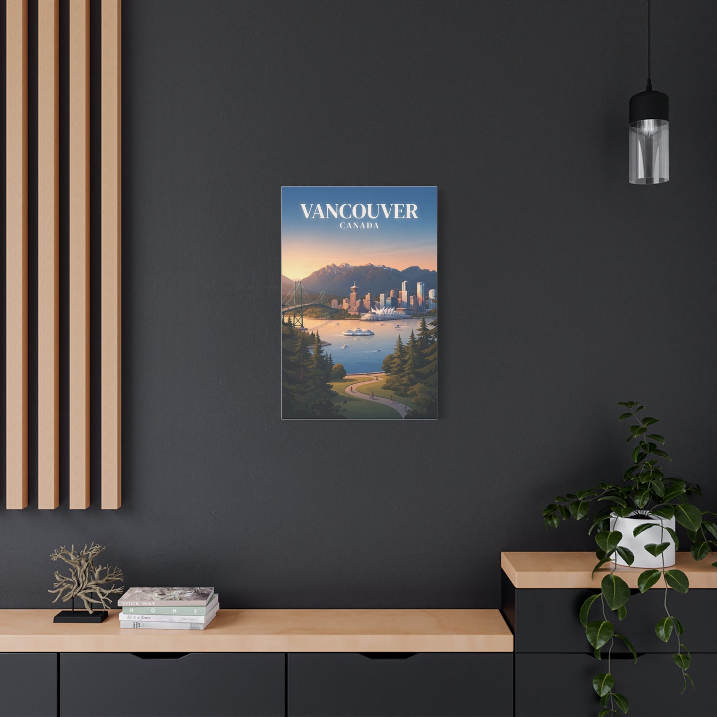 Small Vancouver Canada matte canvas wall art with harbor city skyline and mountains