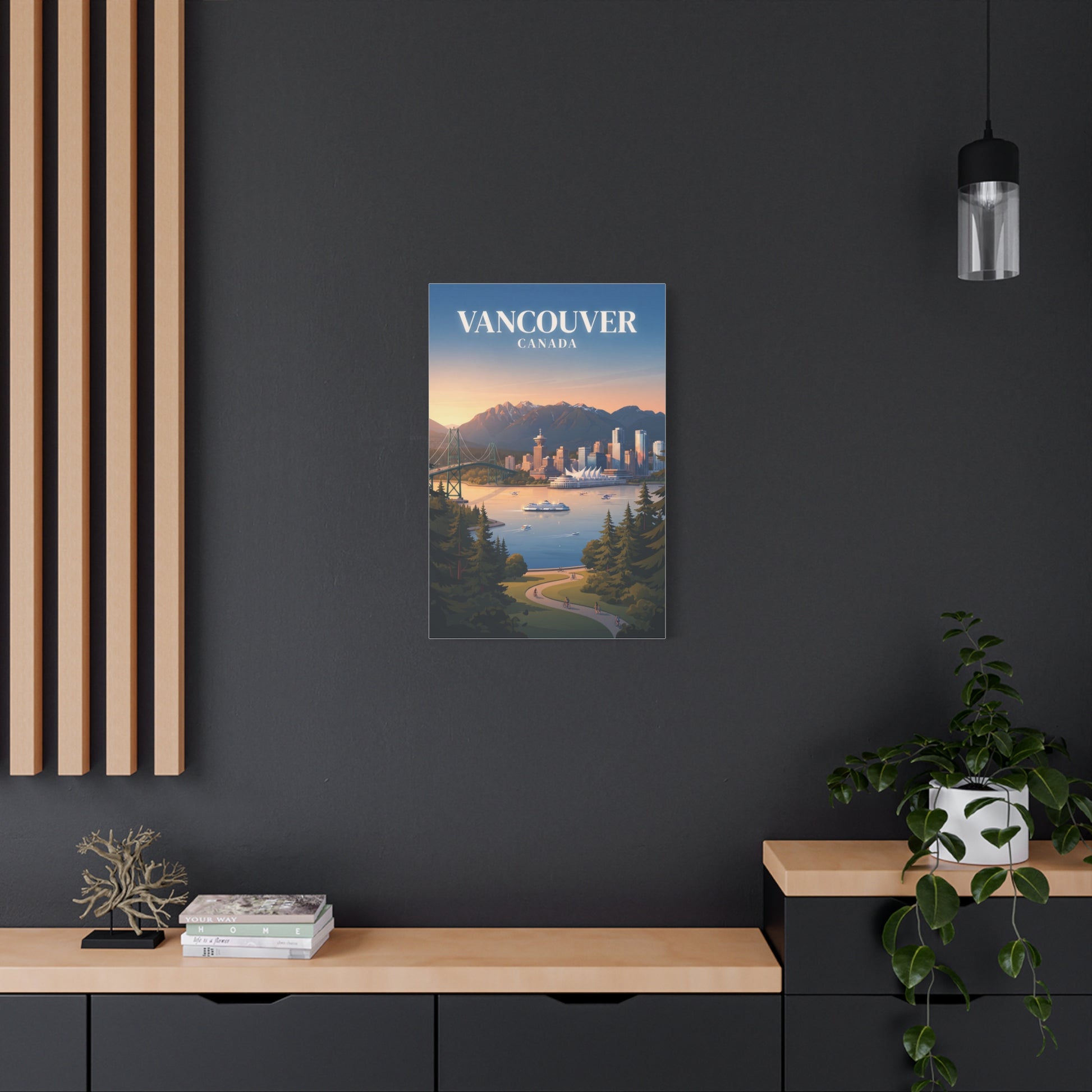 Small Vancouver Canada matte canvas wall art with harbor city skyline and mountains