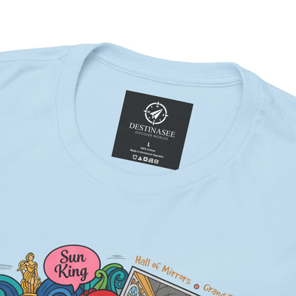 Light blue T-shirt back close-up with black Destinassee logo compass graphic