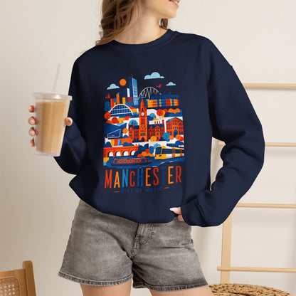 Navy crewneck sweatshirt worn by model, featuring Manchester cityscape graphic