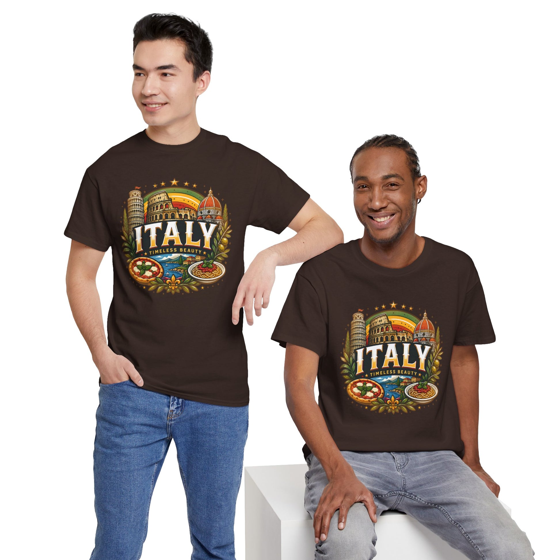 Dark brown crewneck T-shirt with vintage Italy emblem graphic on the chest
