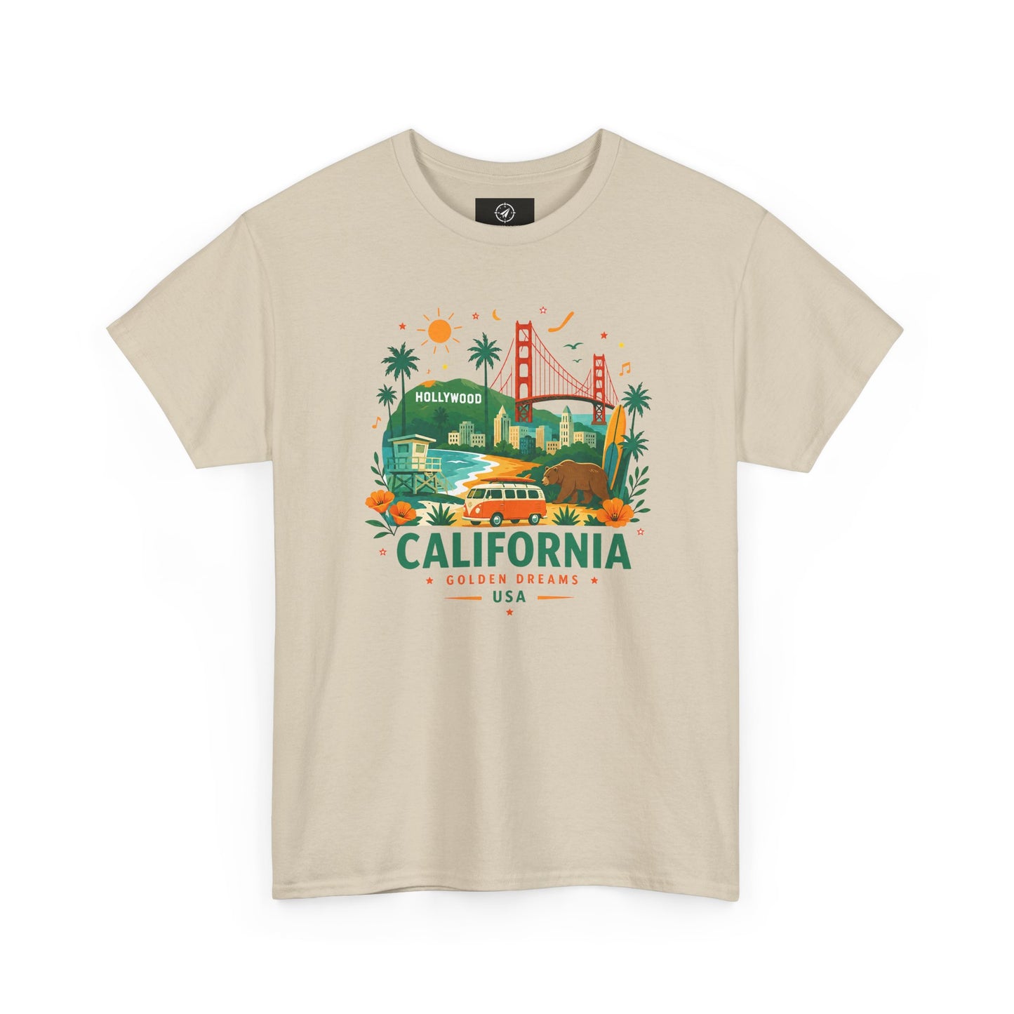 Beige crewneck T-shirt featuring colorful California skyline graphic and text