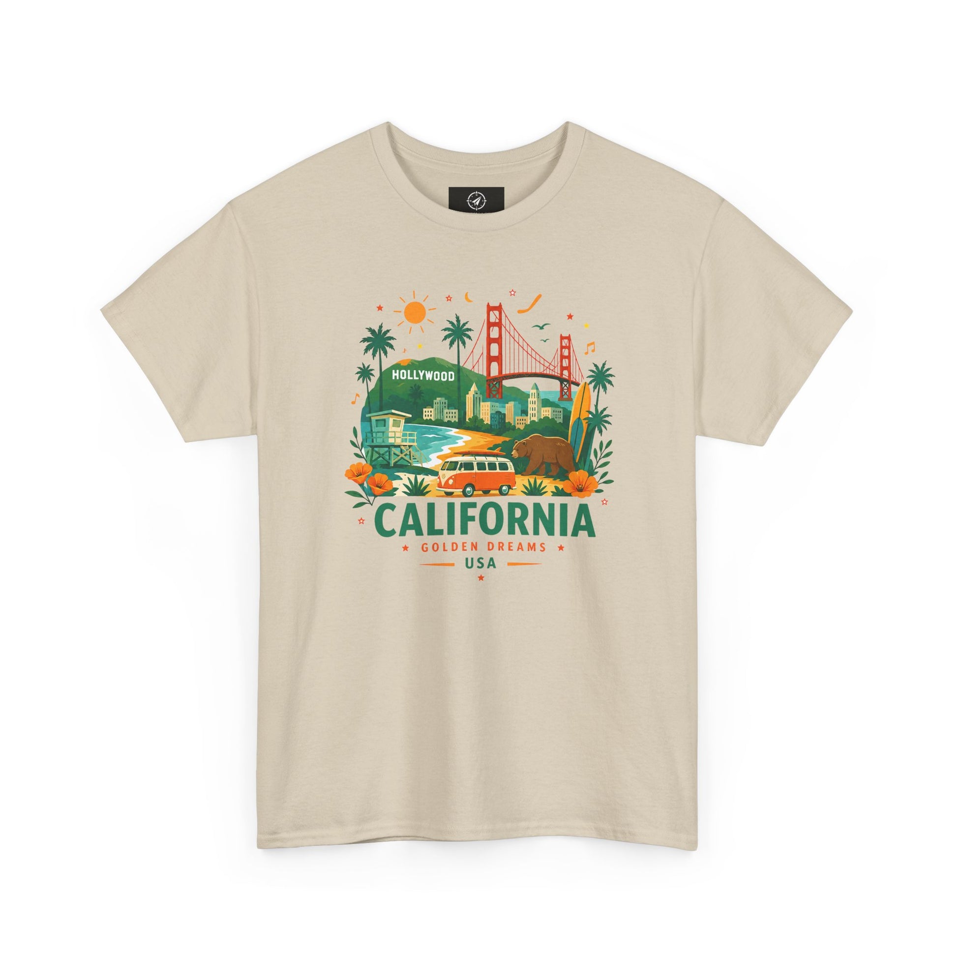 Beige crewneck T-shirt featuring colorful California skyline graphic and text