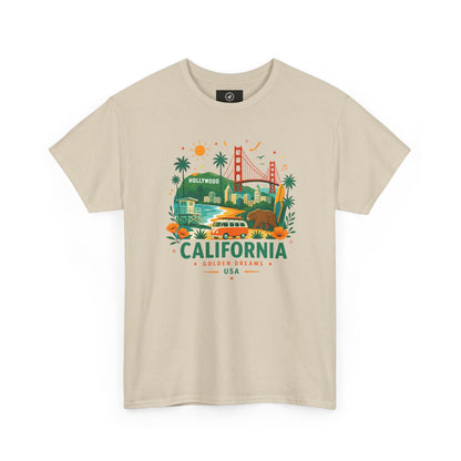 Beige crewneck T-shirt featuring colorful California skyline graphic and text