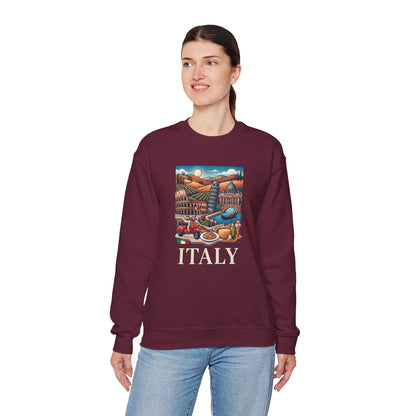 Maroon crewneck sweatshirt with colorful Italy graphic and 'ITALY' text on the chest.