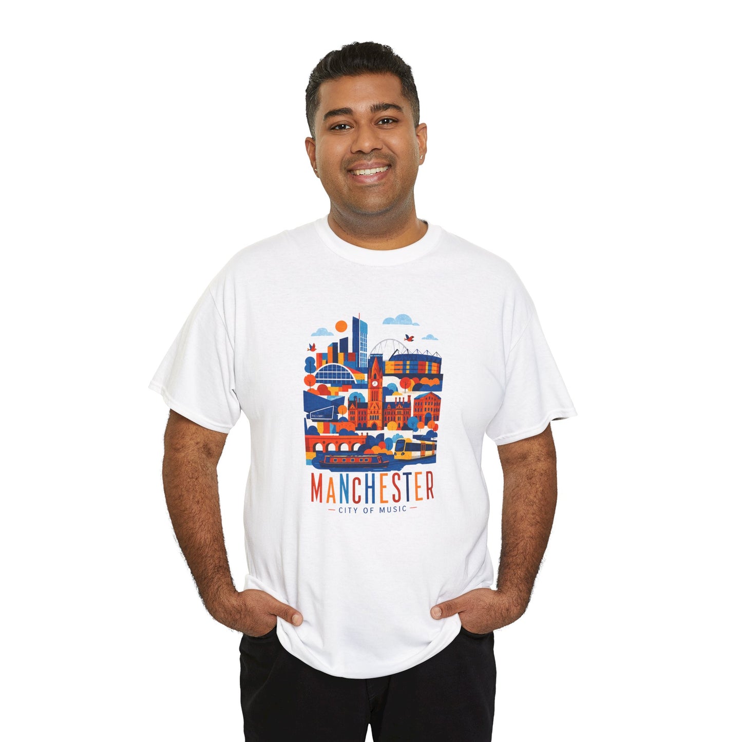 Manchester Skyline T-shirt, white crew neck with Manchester skyline graphic (front view)