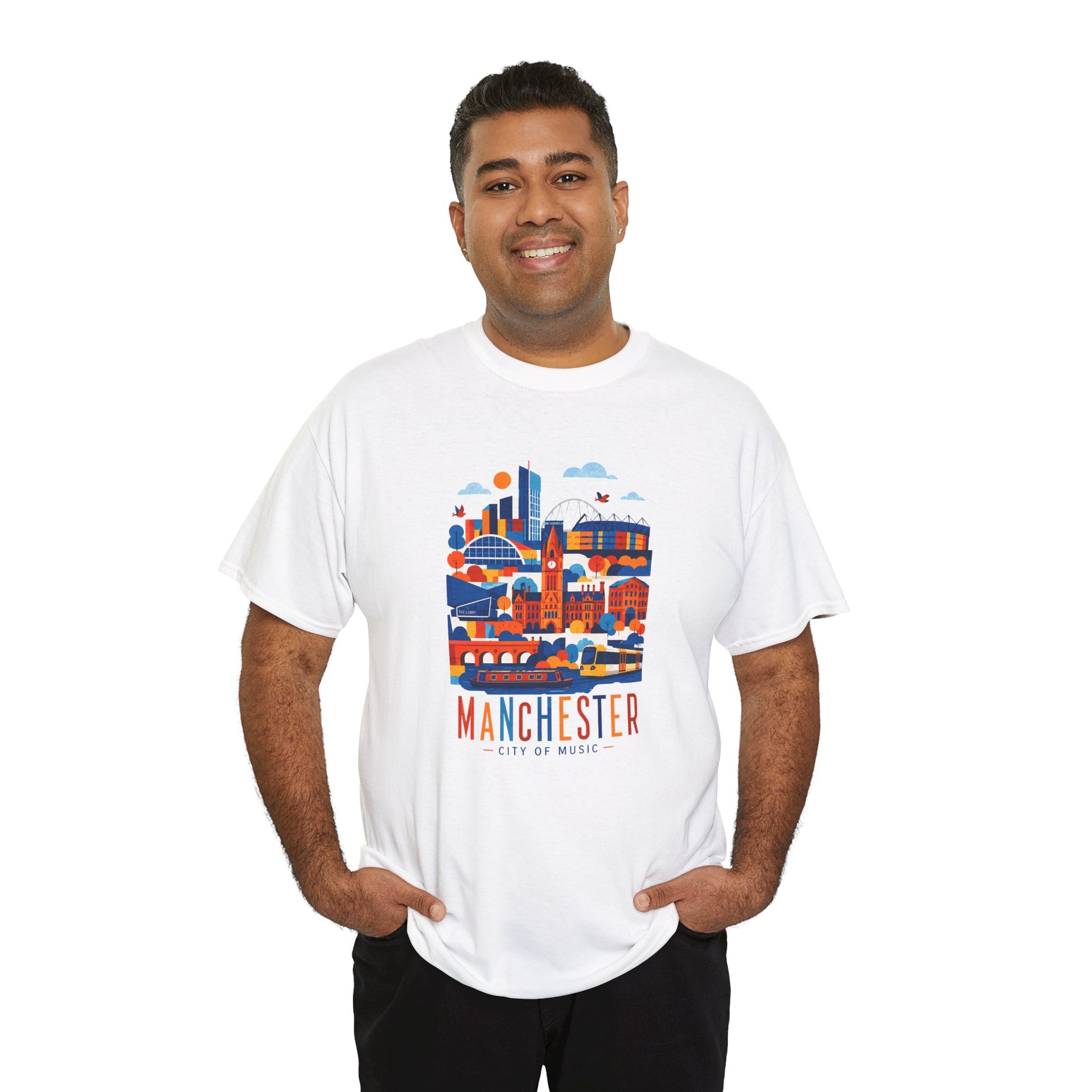 Manchester Skyline T-shirt, white crew neck with Manchester skyline graphic (front view)
