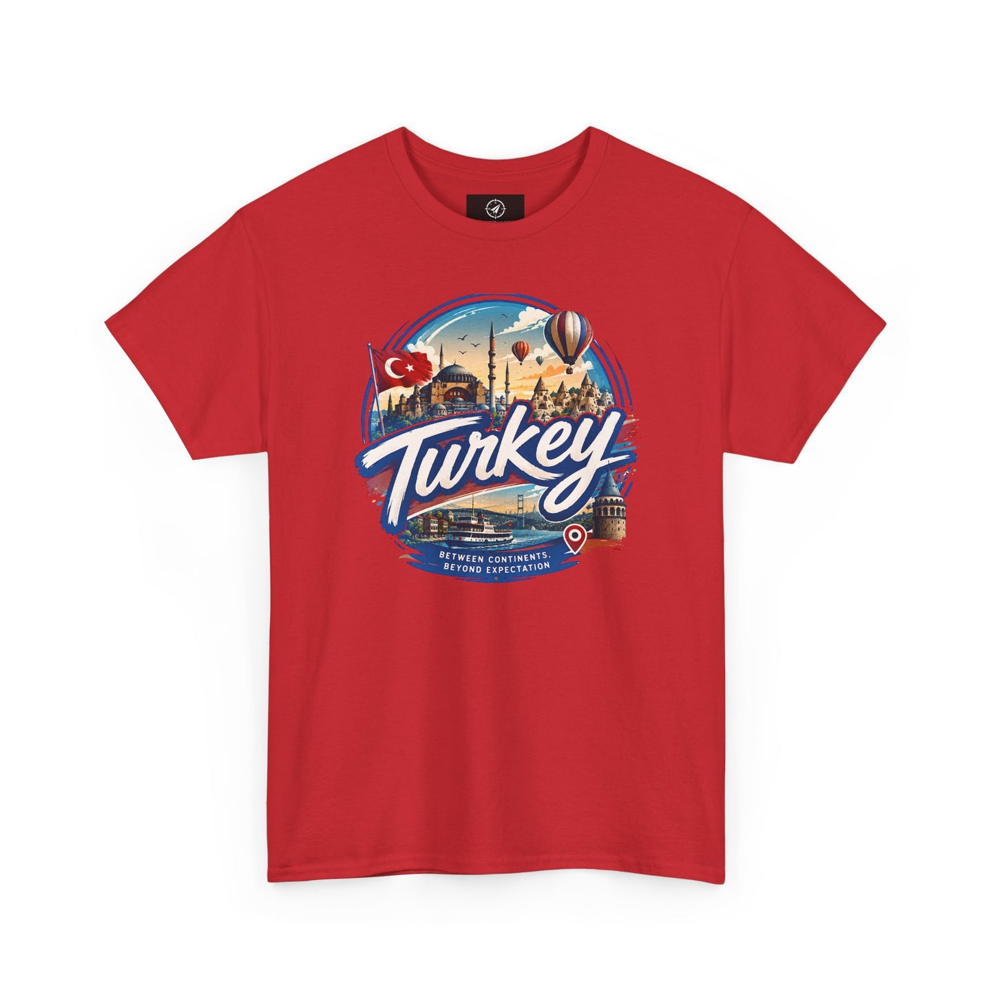 Red crew-neck T-shirt with “Turkey” travel logo graphic on the front