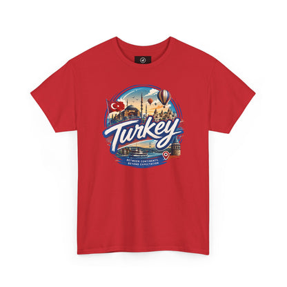 Red crew-neck T-shirt with “Turkey” travel logo graphic on the front