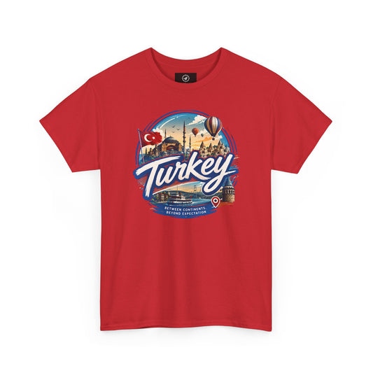 Red crew-neck T-shirt with “Turkey” travel logo graphic on the front