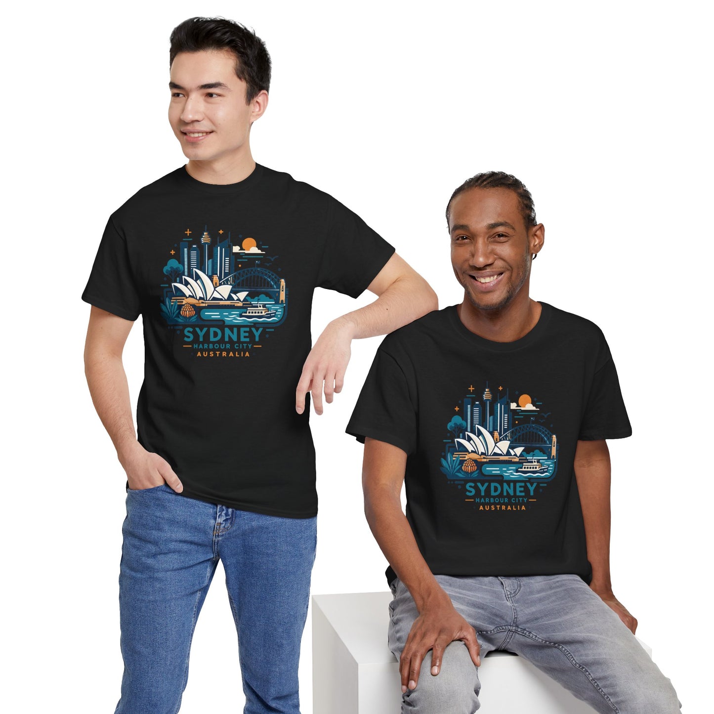 Black Sydney cityscape T-shirt with colorful skyline graphic, crew neck, short sleeves.