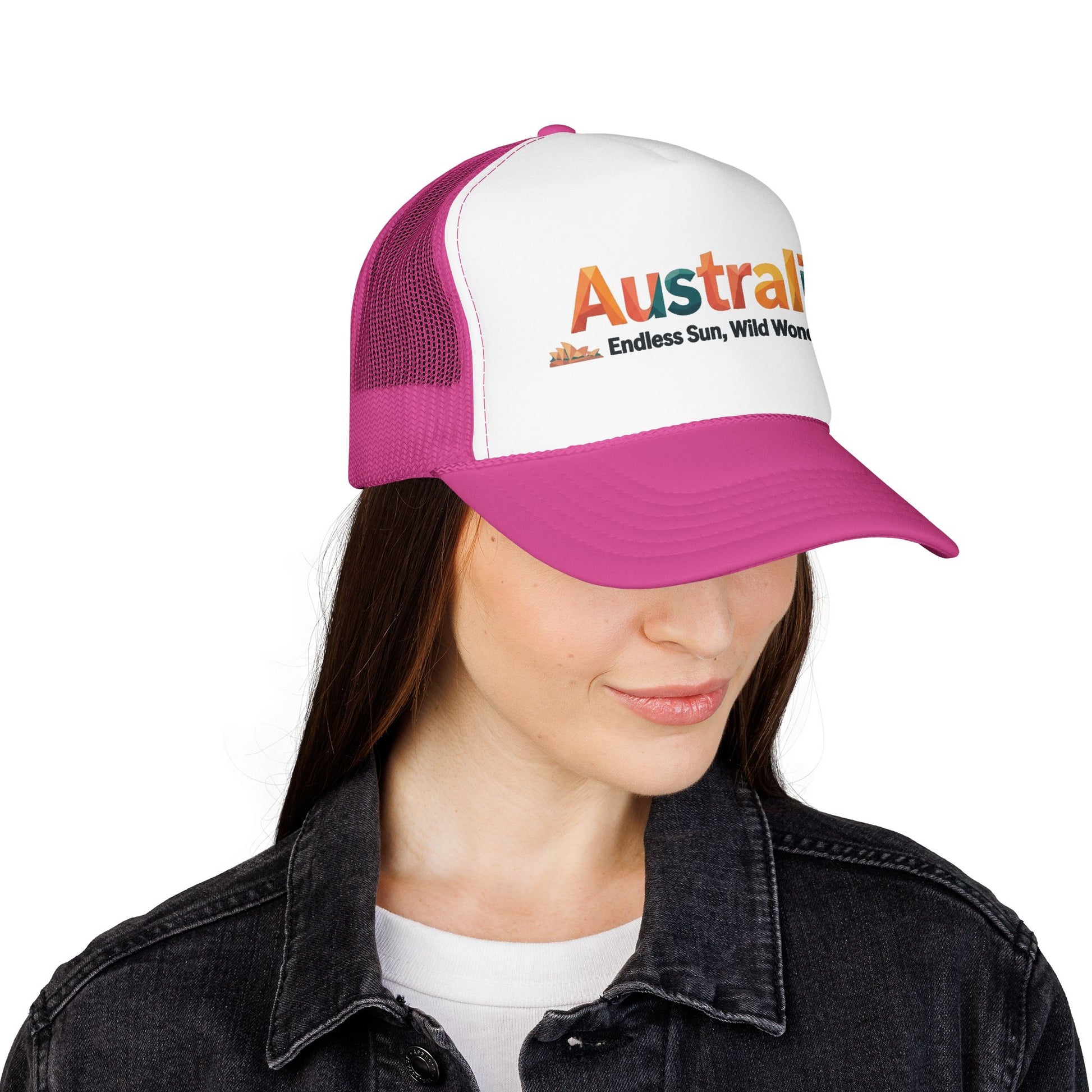 Purple-and-white trucker cap with orange Australia logo, worn by model with dark hair