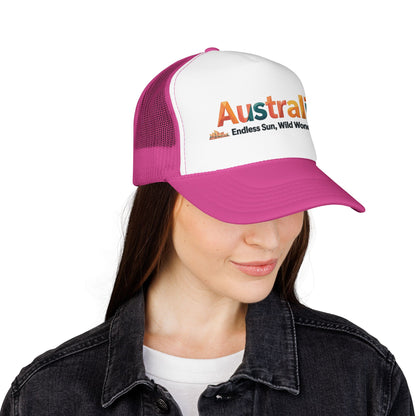 Purple-and-white trucker cap with orange Australia logo, worn by model with dark hair