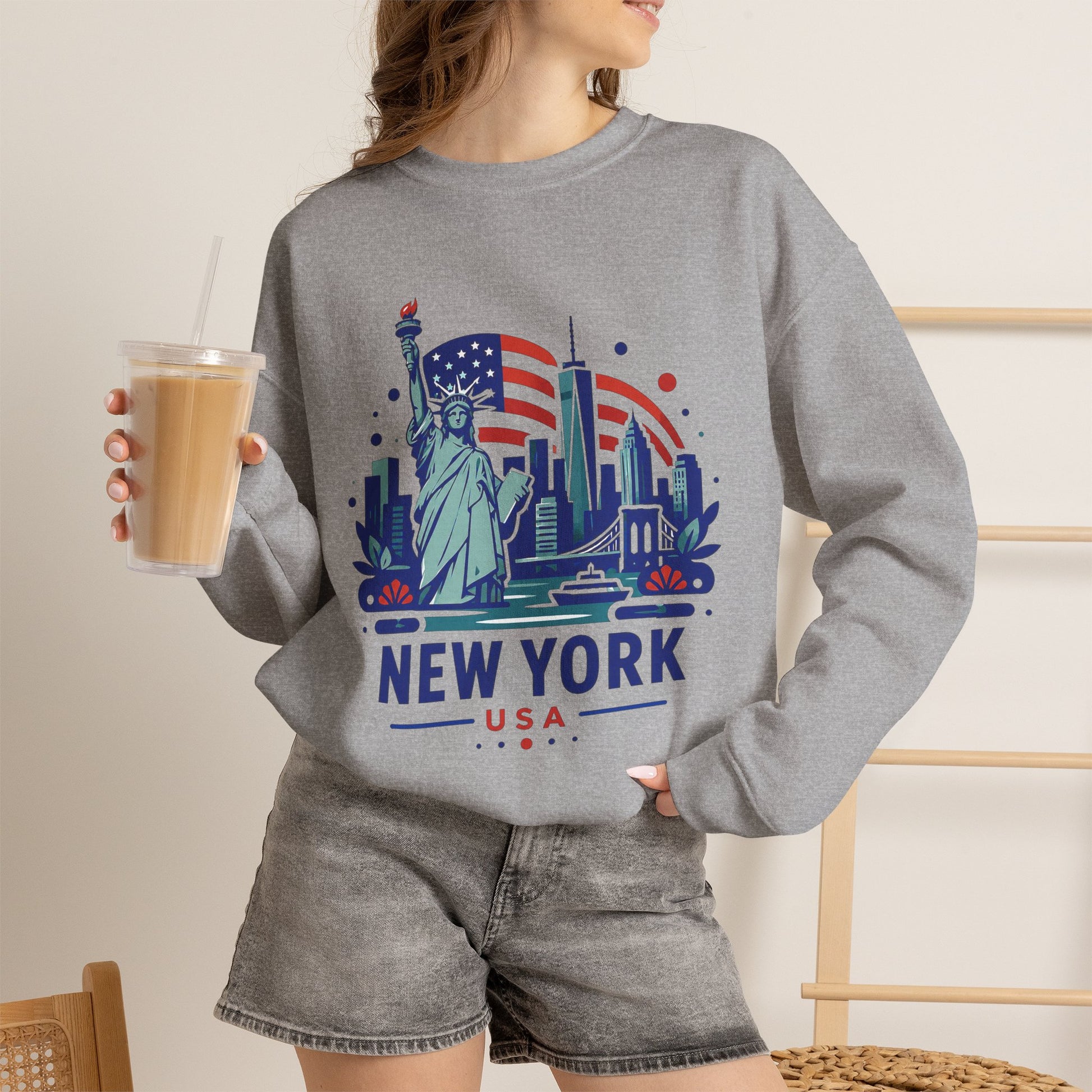Heather gray crewneck sweatshirt with New York skyline graphic and USA text