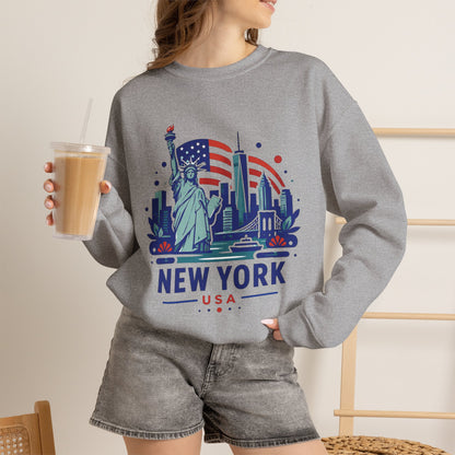 Heather gray crewneck sweatshirt with New York skyline graphic and USA text