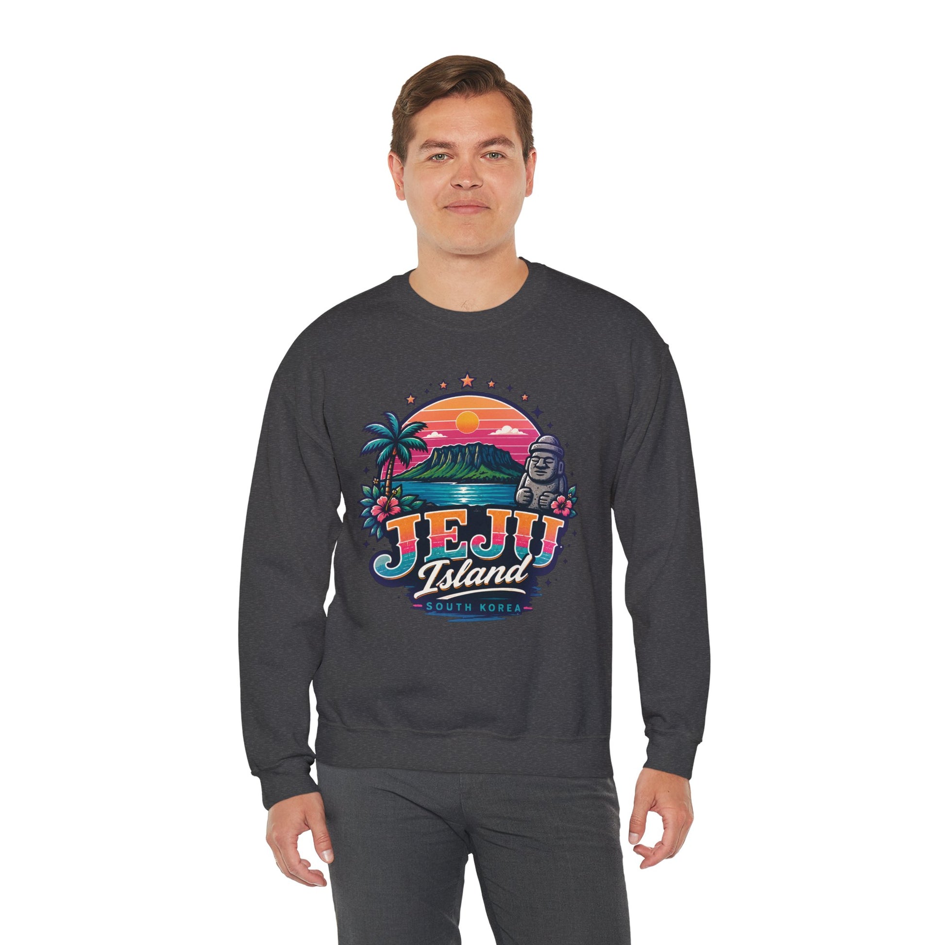 Charcoal graphic sweatshirt with colorful TEJU Island South Korea front print