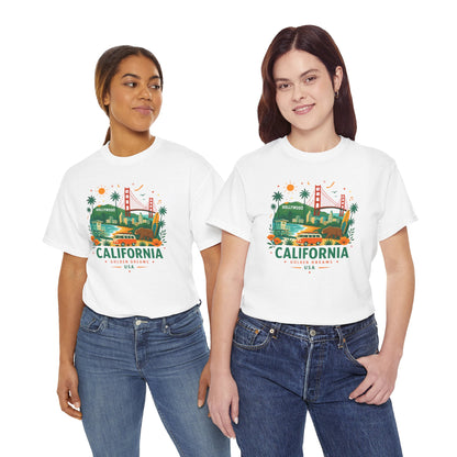 Two women wearing white crew-neck T-shirts with colorful California graphic
