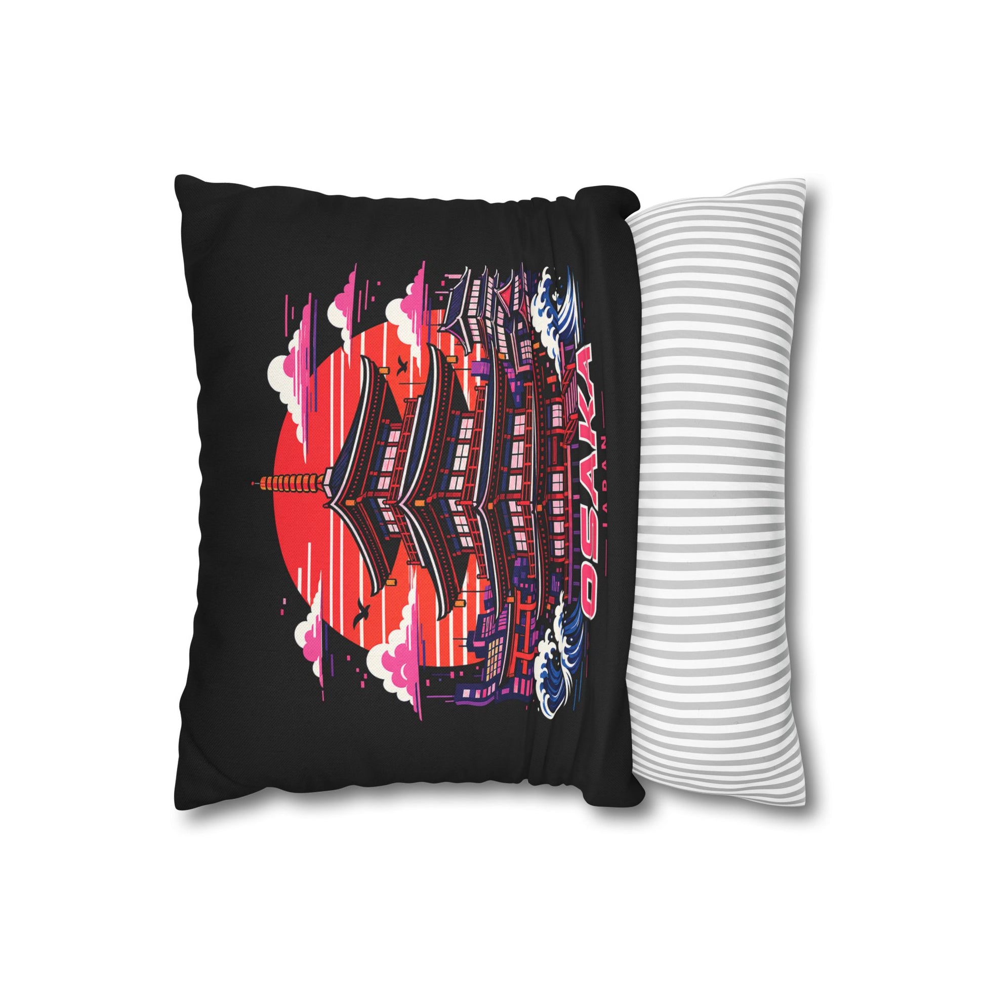Black decor pillowcase with colorful pagoda street scene and red sun graphic