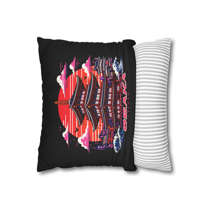 Black decor pillowcase with colorful pagoda street scene and red sun graphic