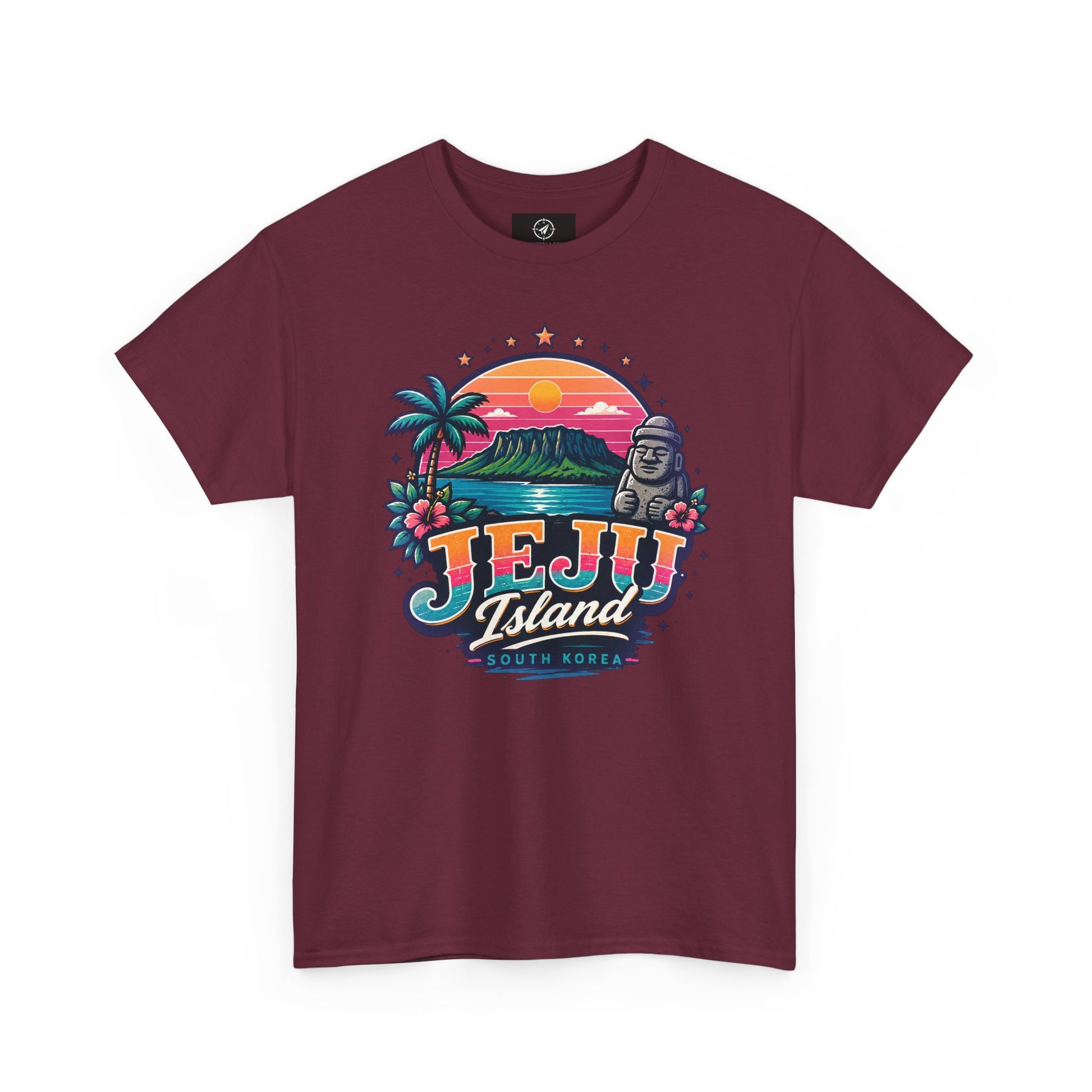 Maroon t-shirt with colorful “JEJU Island” sunset logo and South Korea text graphic