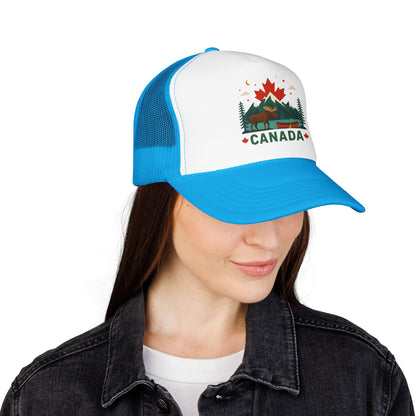 Blue mesh side trucker hat with white front panel and Canada graphic patch