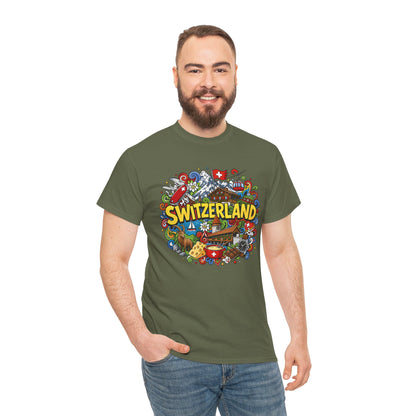 Forest green crewneck T-shirt with colorful Switzerland-style crest graphic on chest.