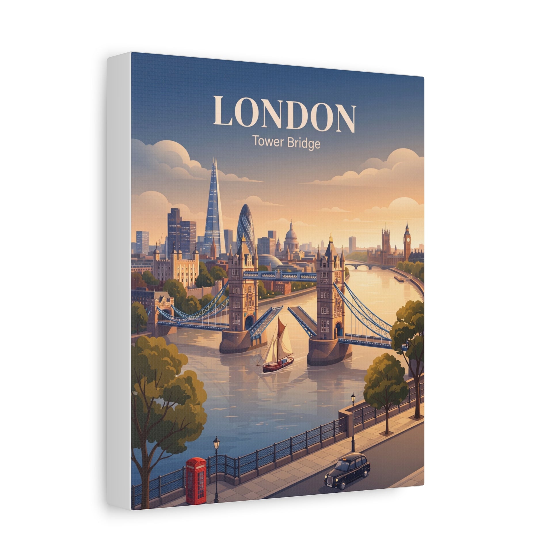 Angled matte canvas wall art featuring London Tower Bridge skyline with gold “LONDON” title
