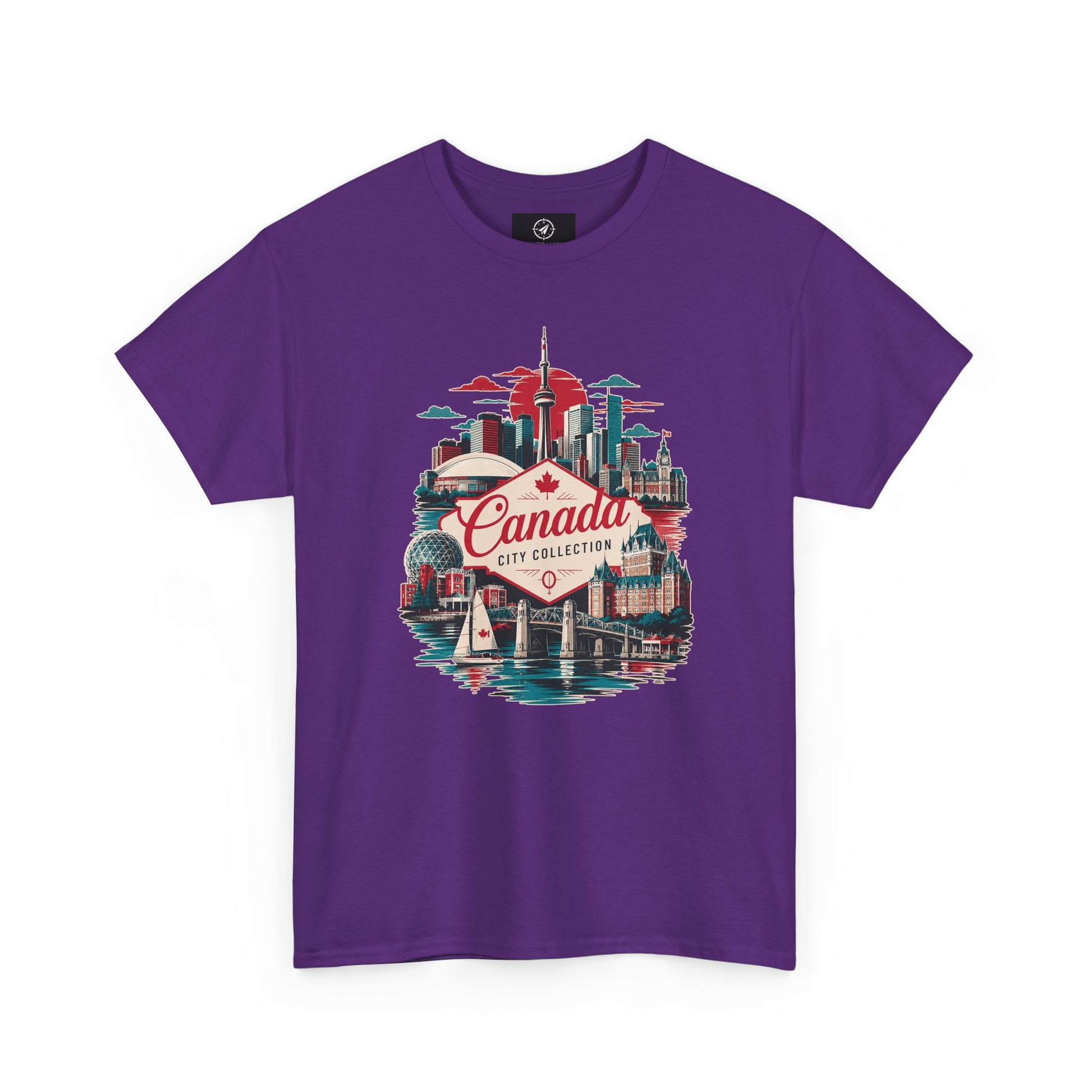 Purple crewneck T-shirt with front Canada City Collection skyline graphic