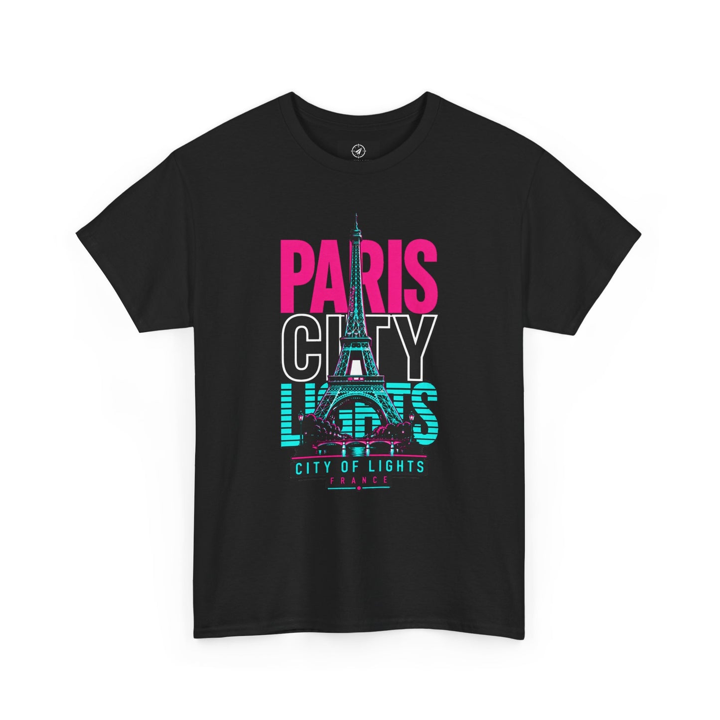 Black crewneck T-shirt with PARIS CITY OF LIGHTS Eiffel graphic
