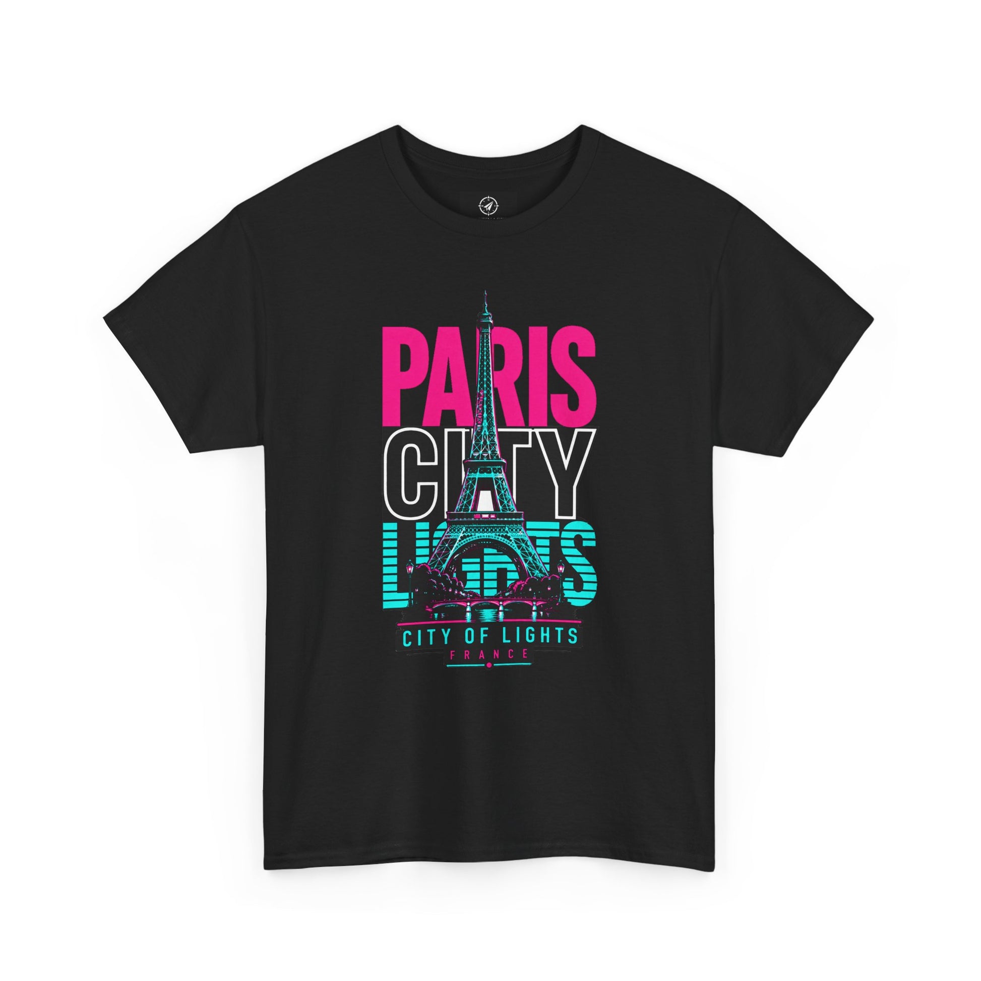 Black crewneck T-shirt with PARIS CITY OF LIGHTS Eiffel graphic