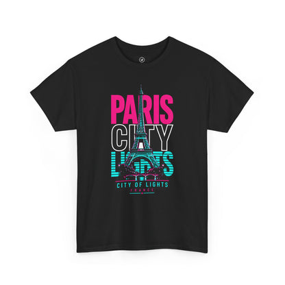 Black crewneck T-shirt with PARIS CITY OF LIGHTS Eiffel graphic