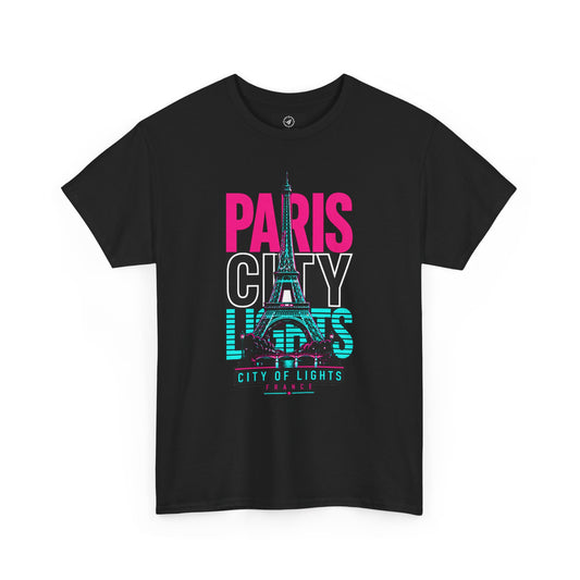Black crewneck T-shirt with PARIS CITY OF LIGHTS Eiffel graphic