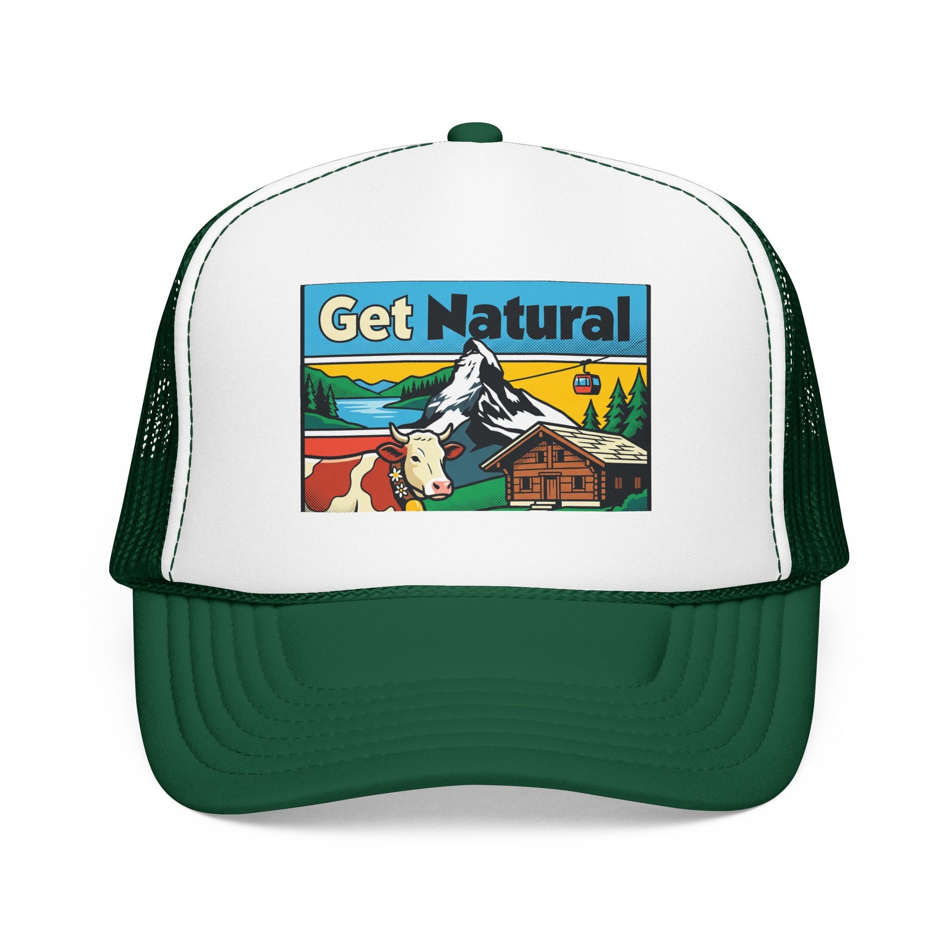 Get Natural trucker hat with Swiss landscape patch, white front and dark green brim and mesh.