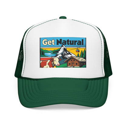 Get Natural trucker hat with Swiss landscape patch, white front and dark green brim and mesh.