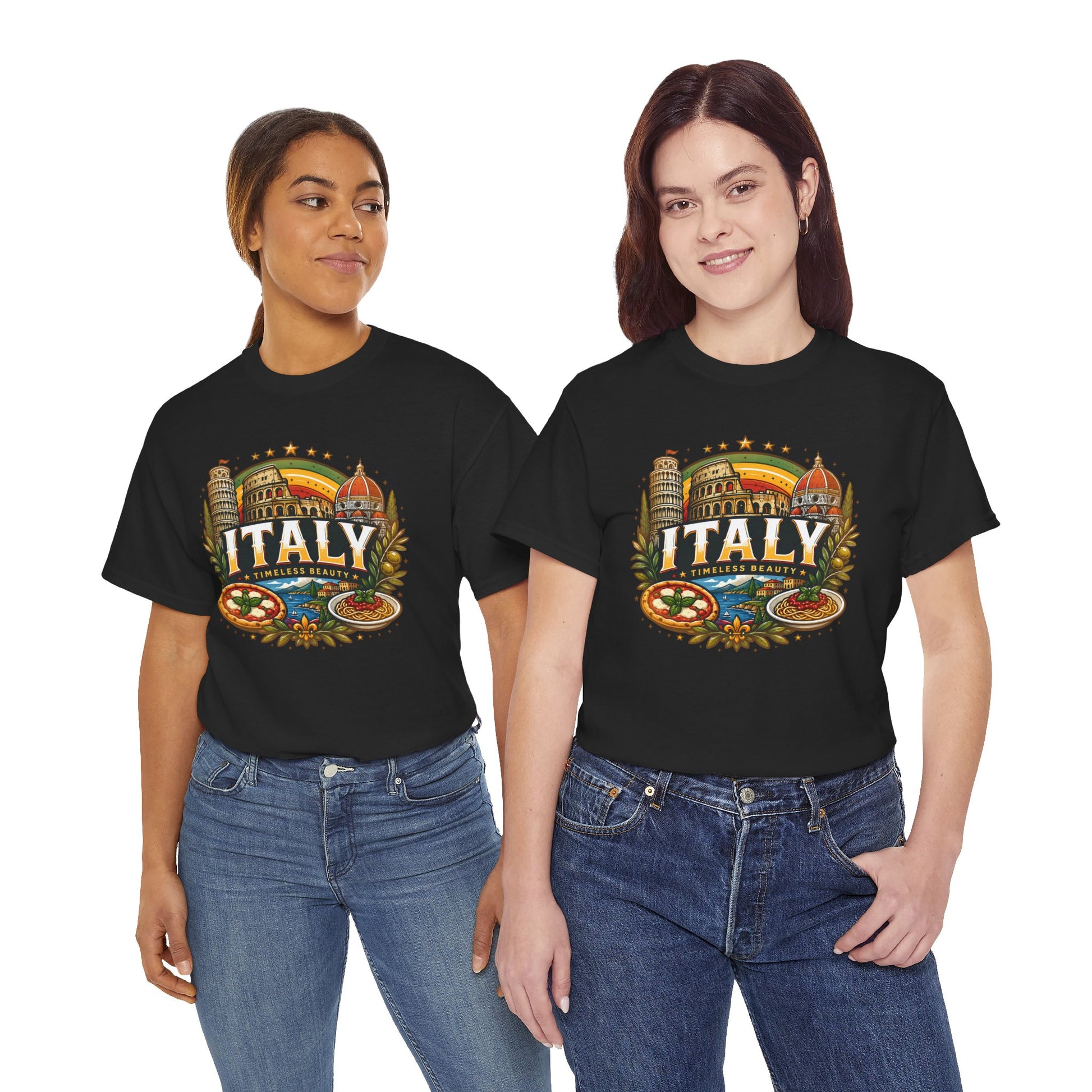 Black t-shirt with vintage Italy travel emblem, worn by two women