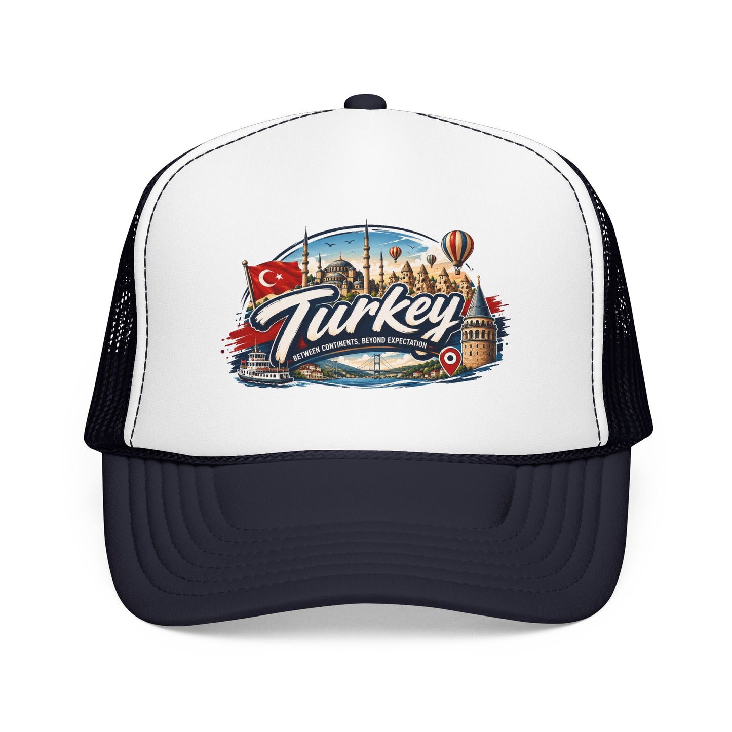 White and navy trucker hat with black mesh sides and Turkey travel graphic on front