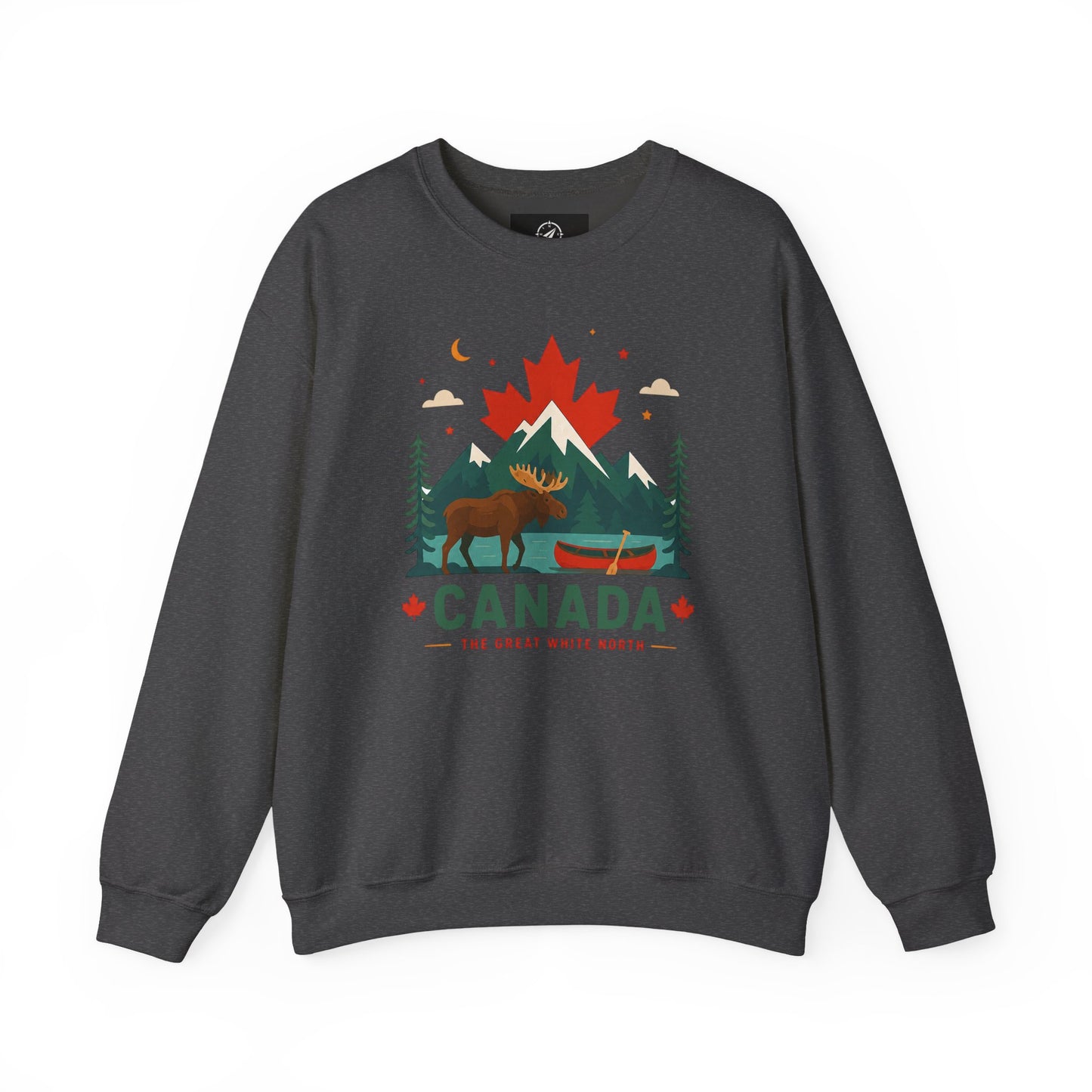 Dark gray crewneck sweatshirt with Canada graphic and canoe scene at center front