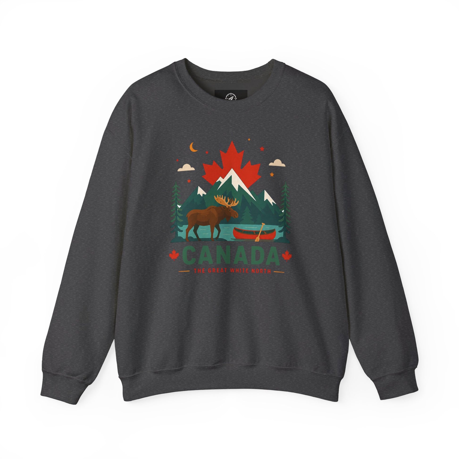 Dark gray crewneck sweatshirt with Canada graphic and canoe scene at center front