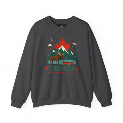 Dark gray crewneck sweatshirt with Canada graphic and canoe scene at center front