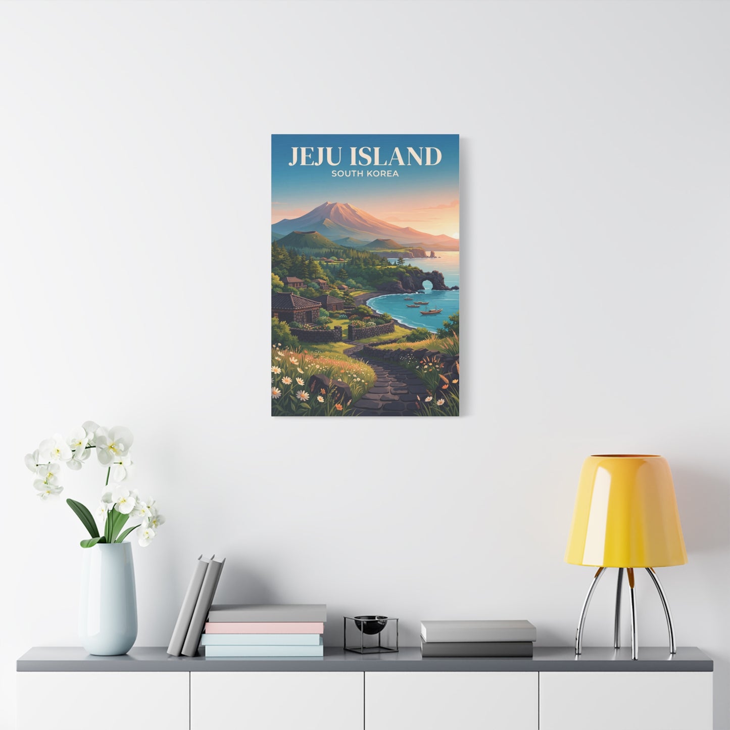 Matte canvas wall art, vertical coastal garden scene with winding path and JEJU ISLAND title
