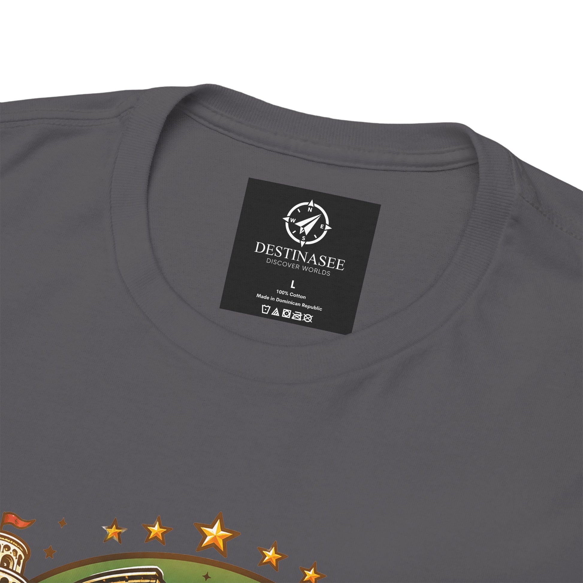 Charcoal gray T-shirt back closeup with brand label and stars graphic