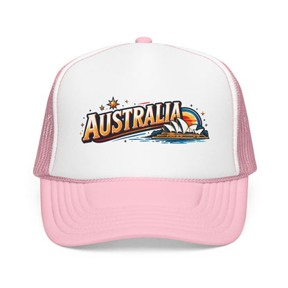 Pink and white trucker cap with Australia front graphic and breathable mesh sides