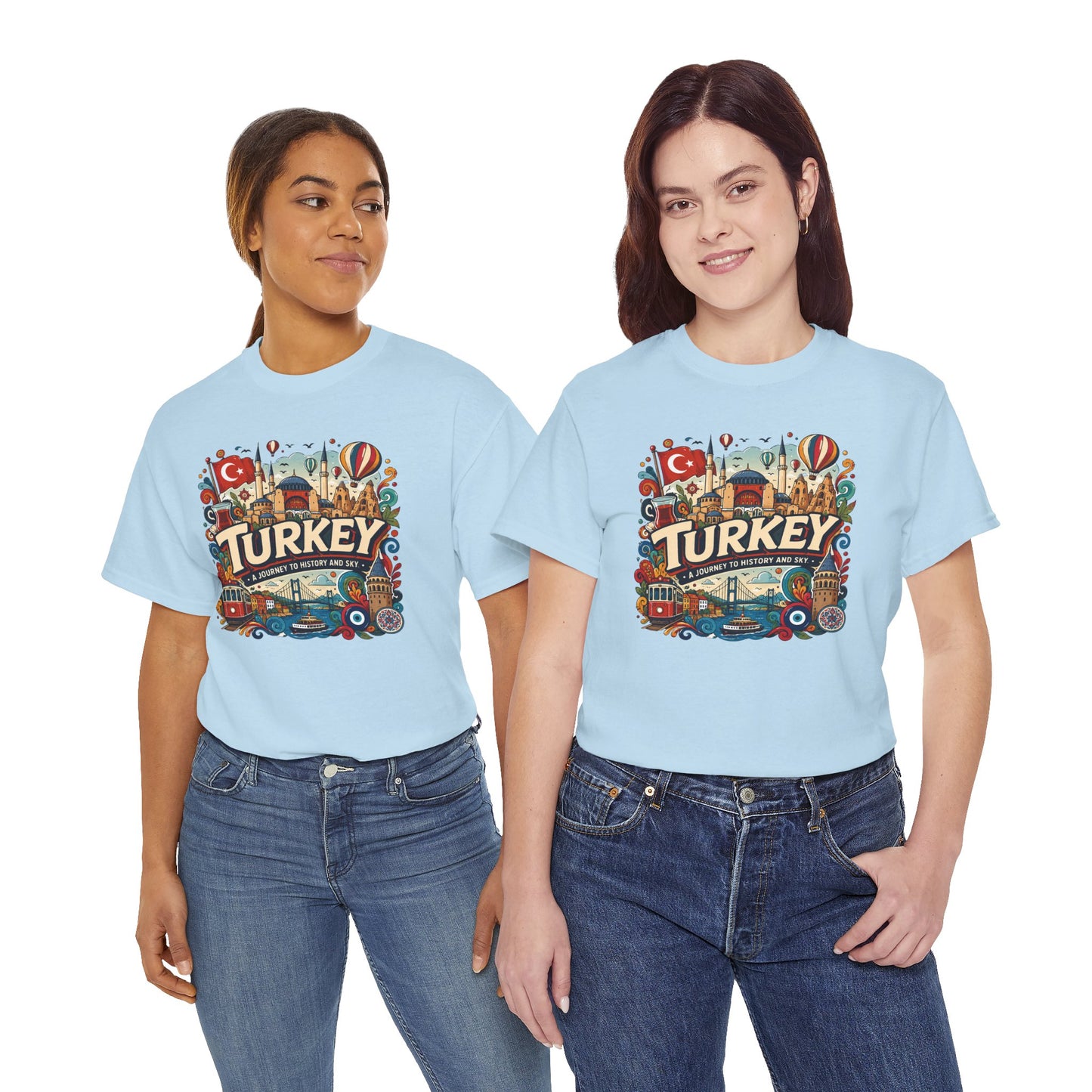 Light blue graphic tee with colorful Turkey cityscape print on the chest