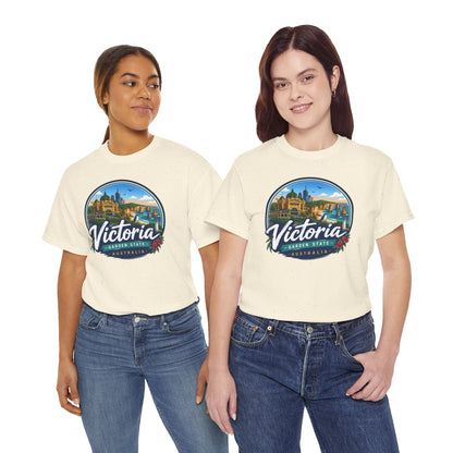 Australia-themed travel T-shirt in natural/beige, front oval city graphic, crew neck