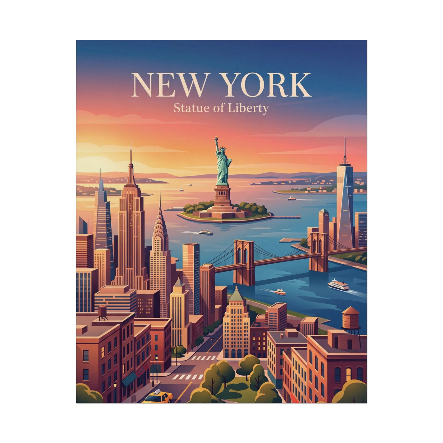 Portrait poster featuring New York skyline with Statue of Liberty at sunset