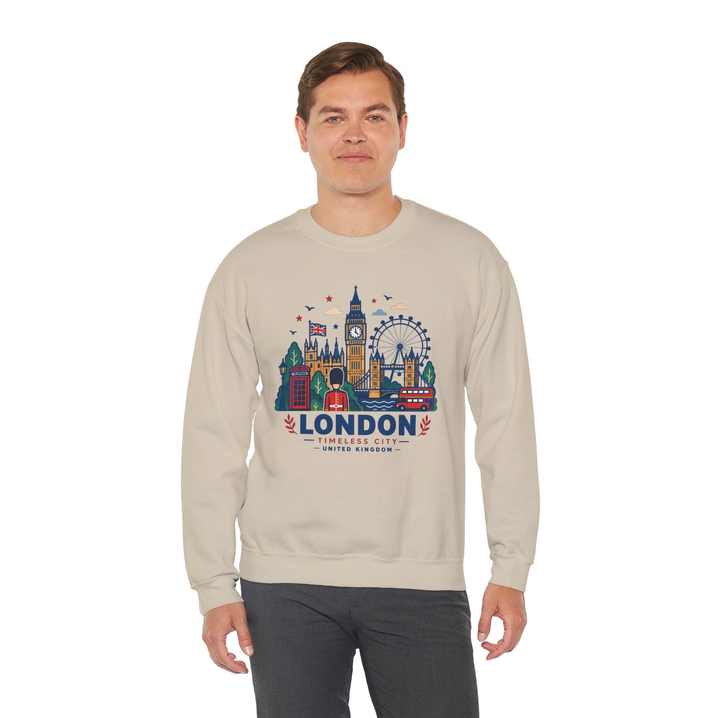 Sand crewneck sweatshirt with colorful London skyline graphic on front