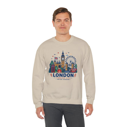 Sand crewneck sweatshirt with colorful London skyline graphic on front
