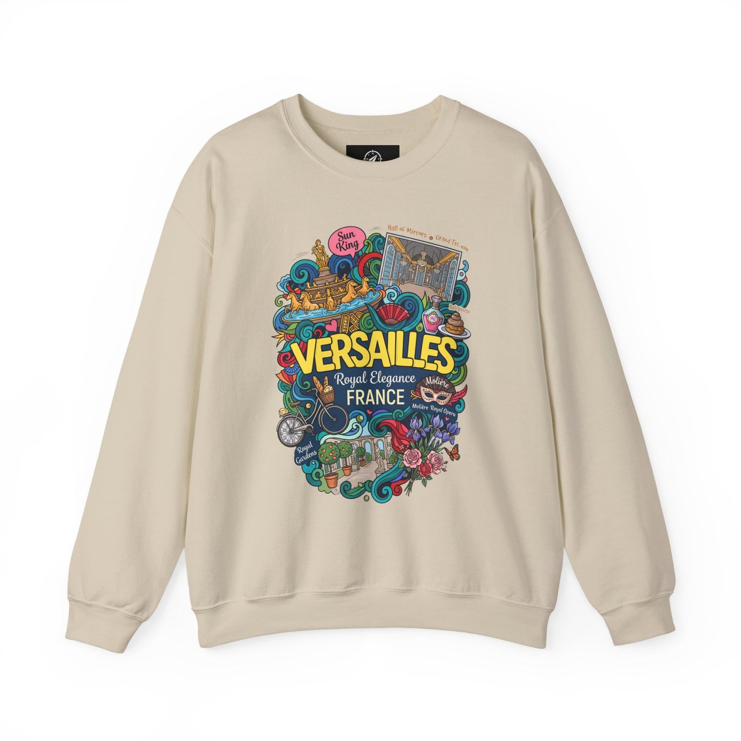 Light beige crewneck sweatshirt with colorful Versailles illustrated graphic on the front