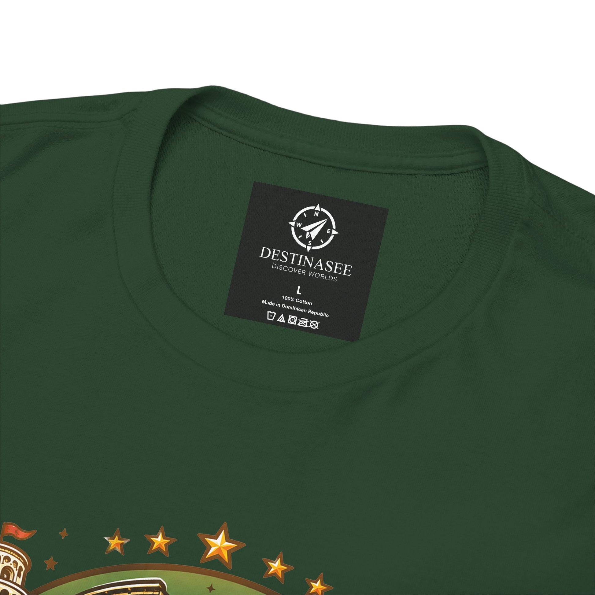 Dark green crew-neck T-shirt with chest logo label and star graphic edge